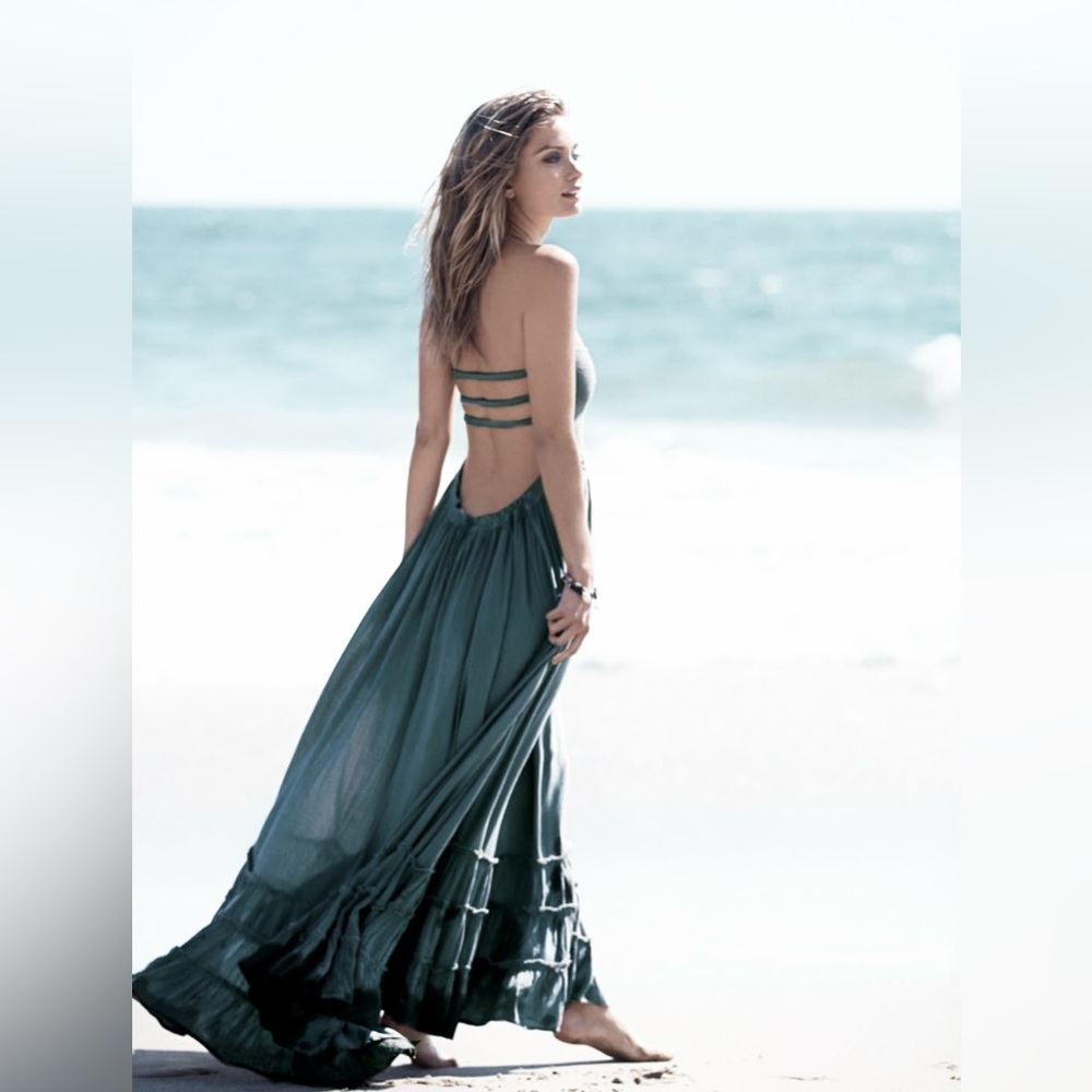 Wishlist Extratropical Smocked Gauze Tiered Strappy Backless Halter Maxi Dress S